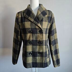 Rampage Plaid‎ Peacoat Womens L Olive Black Classic Double Breasted Y2K Fall